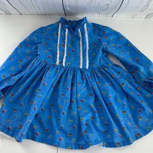 Vintage 80s No Brand Handmade 2T Toddler Girl Blue Dress Lace Church Prairie